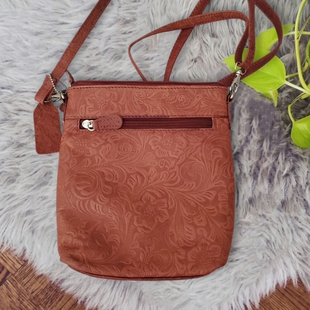 Floral BUENO Leather Redrose Embossed Crossbody Bag